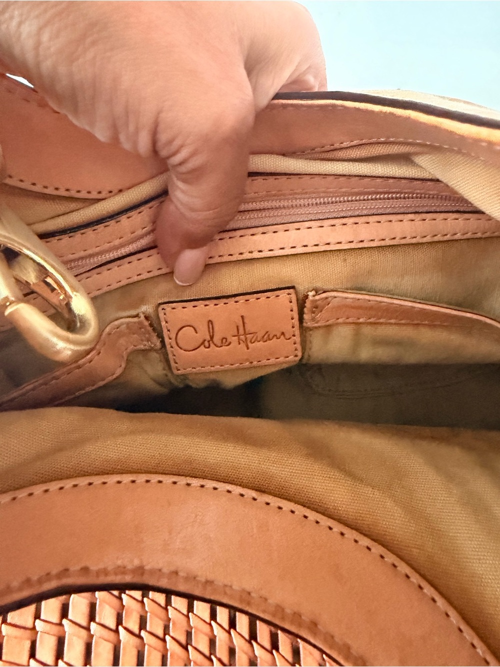 Cole Haan Woven Tan Leather Shoulder Bag with Gold-Tone Chain - Picture 4 of 15